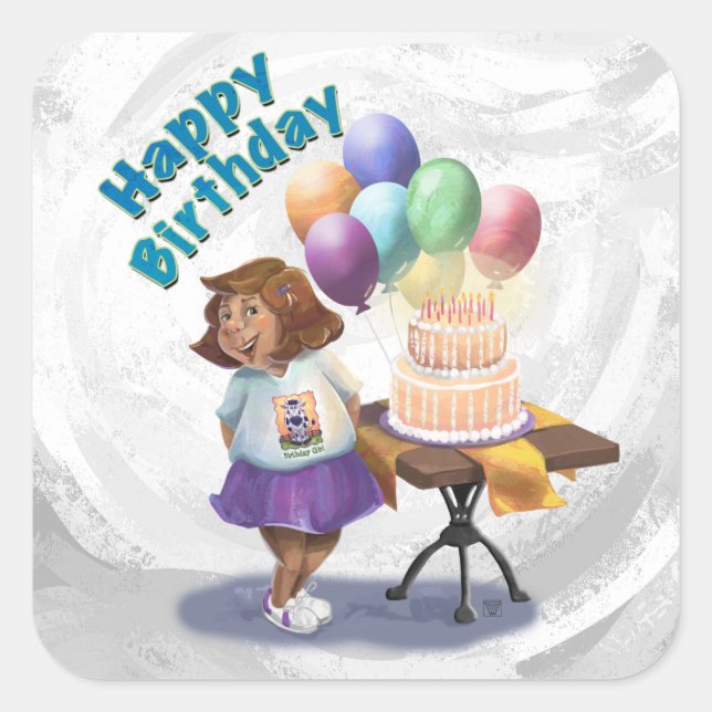 Colourful Balloon Birthday Girl Square Sticker (Front)