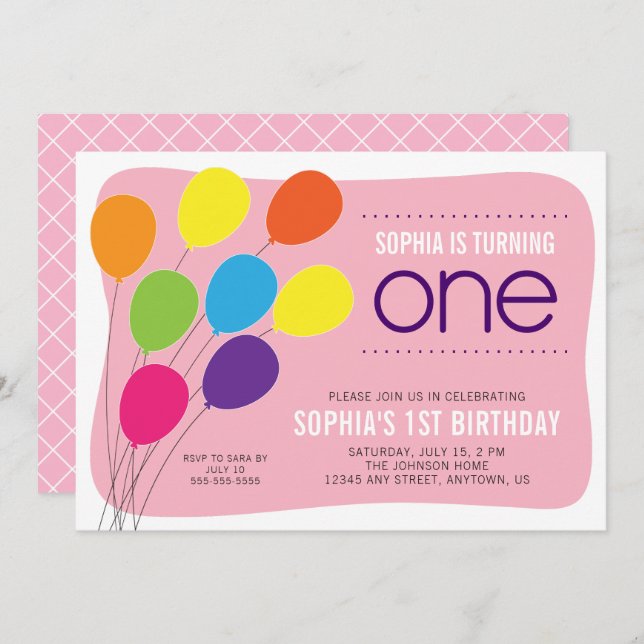 Colourful Balloon on Pink Girl's 1st Birthday Part Invitation (Front/Back)