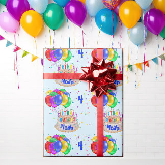 Colourful Balloons Add NAME to Cake Boy's Birthday Wrapping Paper