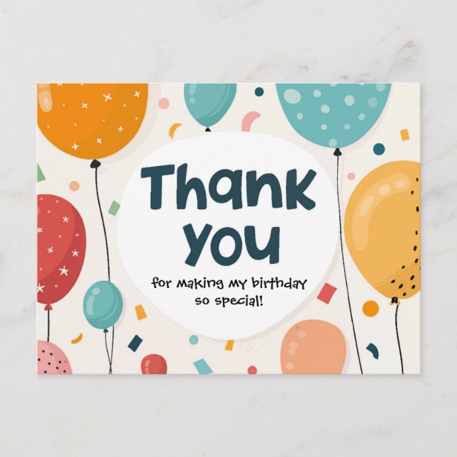 Colourful Balloons and Confetti Birthday Thank You Postcard (Front)