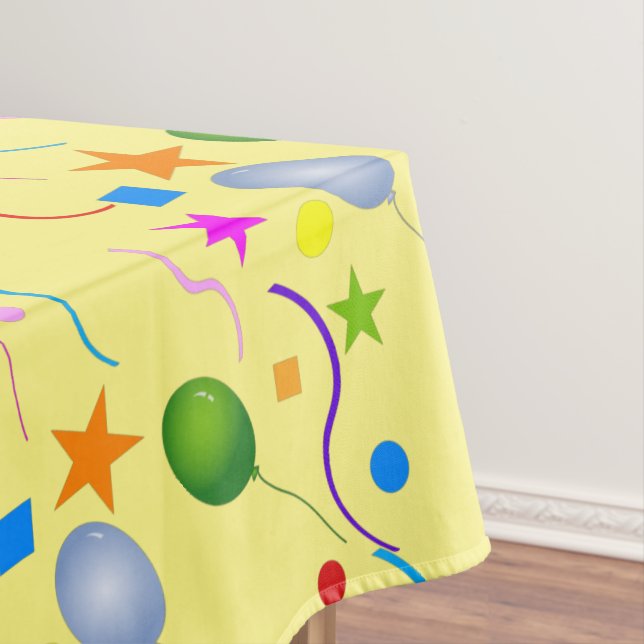 Colourful Balloons and Streamers on YELLOW Tablecloth (In Situ)