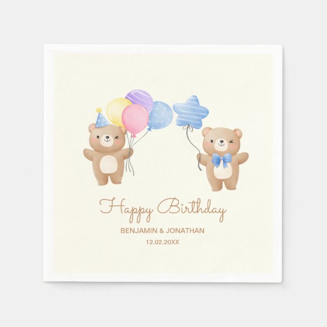 Colourful Balloons Bear Boys Joint Birthday  Napkin (Front)