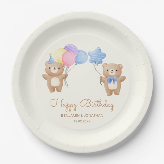 Colourful Balloons Bear Boys Joint Birthday  Paper Plate (Front)