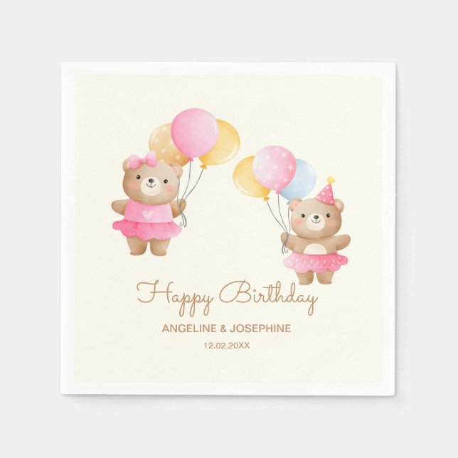 Colourful Balloons Bear Girls Joint Birthday  Napkin (Front)