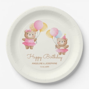 Colourful Balloons Bear Girls Joint Birthday Paper Plate