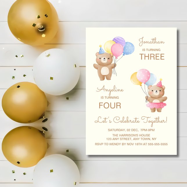 Colourful Balloons Bear Together Joint Birthday  Invitation (Creator Uploaded)