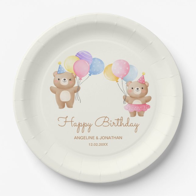 Colourful Balloons Bear Together Joint Birthday  Paper Plate (Front)