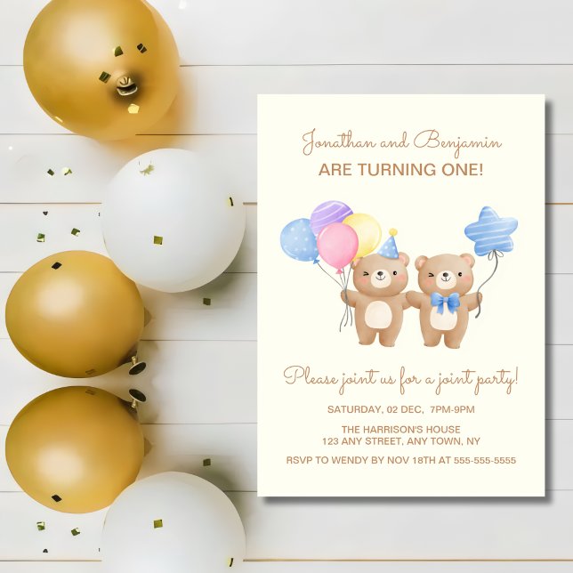 Colourful Balloons Bear Twin Boys Joint Birthday  Invitation (Creator Uploaded)