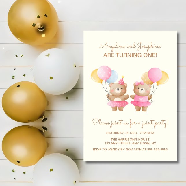 Colourful Balloons Bear Twin Girls Joint Birthday  Invitation (Creator Uploaded)