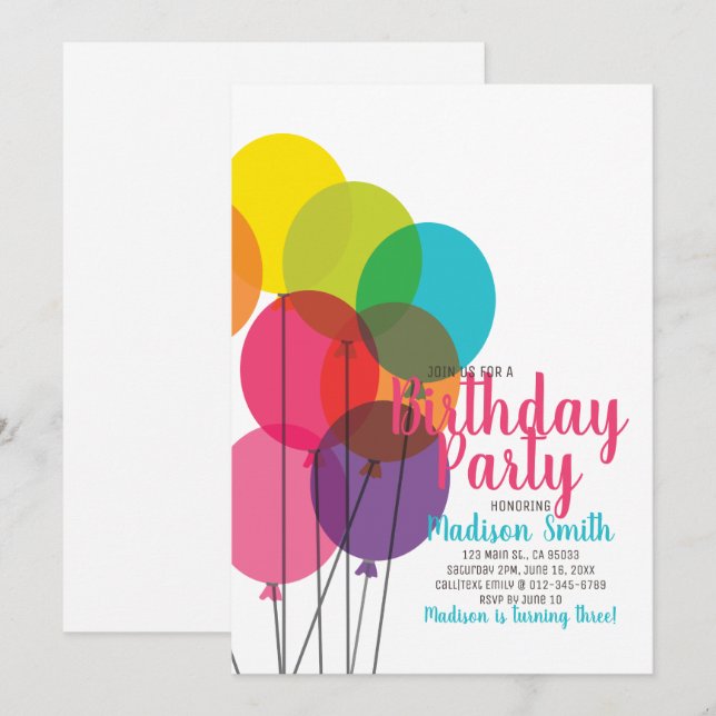 Colourful Balloons Birthday Invitation (Front/Back)