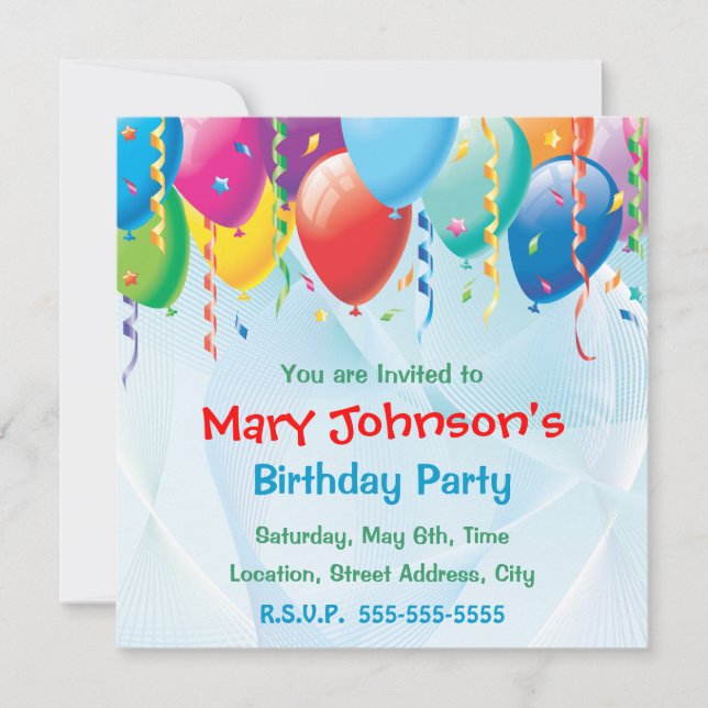 Colourful Balloons Birthday Party Invitation (Front)