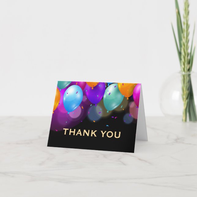 Colourful Balloons Black and Gold Confetti Thank You Card (Front)