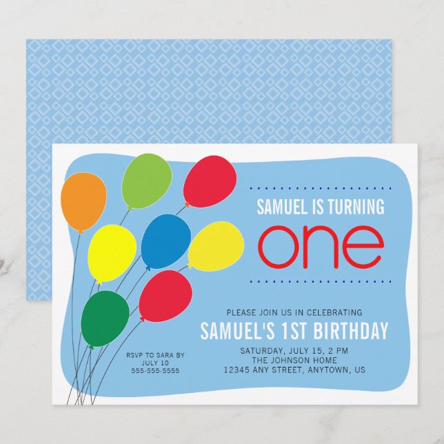 Colourful Balloons Boys 1st Birthday Party Invitation (Front/Back)