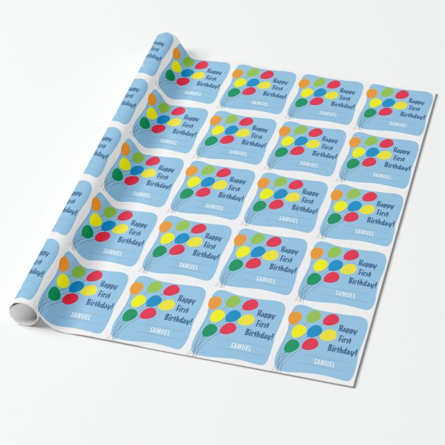Colourful Balloons Boys 1st Birthday Wrapping Paper (Unrolled)