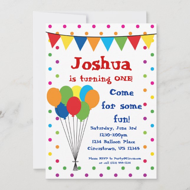 Colourful Balloons, Circus Carnival Birthday Party Invitation (Front)