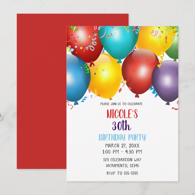 Colourful Balloons & Confetti Birthday Party Invitation (Front/Back)