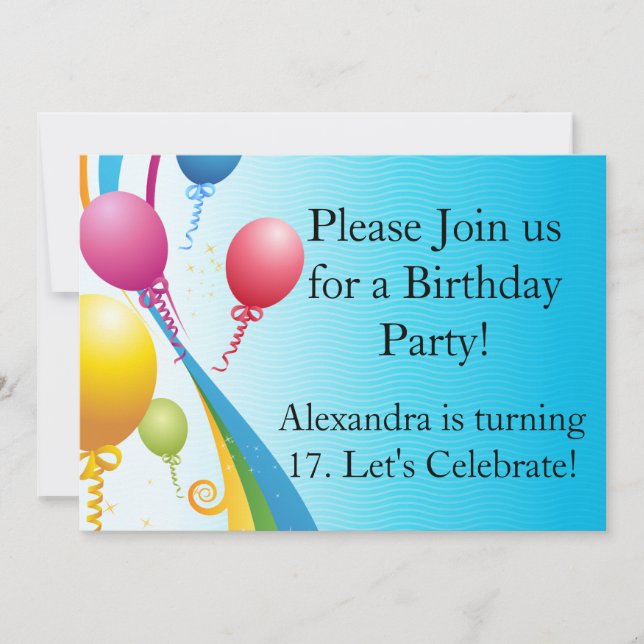 Colourful Balloons | Curly Ribbons Invitation (Front)