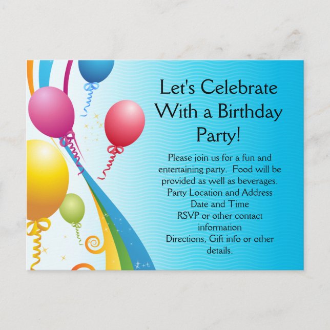 Colourful Balloons | Curly Ribbons Invitation Postcard (Front)