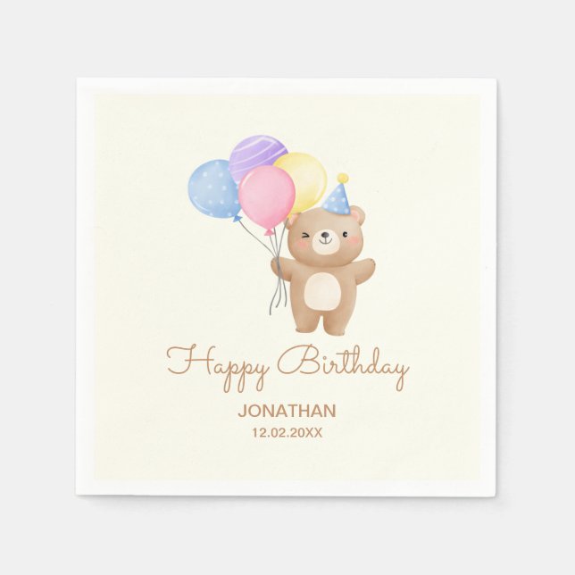 Colourful Balloons Cute Bear Boy Birthday  Napkin (Front)
