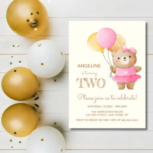 Colourful Balloons Cute Bear Girl 2nd Birthday Invitation