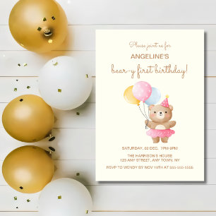 Colourful Balloons Cute Bear Girl Birthday  Invitation