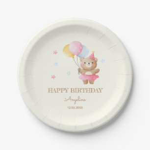 Colourful Balloons Cute Bear Girl Birthday  Paper Plate