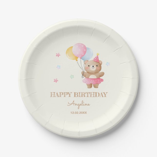 Colourful Balloons Cute Bear Girl Birthday  Paper Plate (Front)