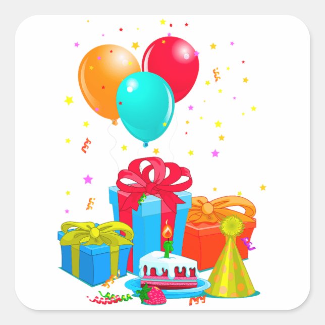 Colourful Balloons, Gift Boxes, and Birthday Cake Square Sticker (Front)