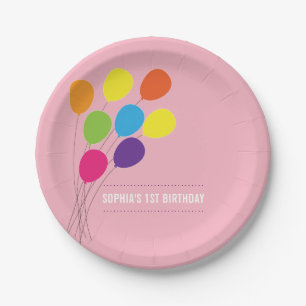 Colourful Balloons Girls 1st Birthday Party Paper Plate