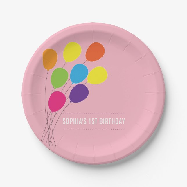 Colourful Balloons Girls 1st Birthday Party Paper Plate (Front)