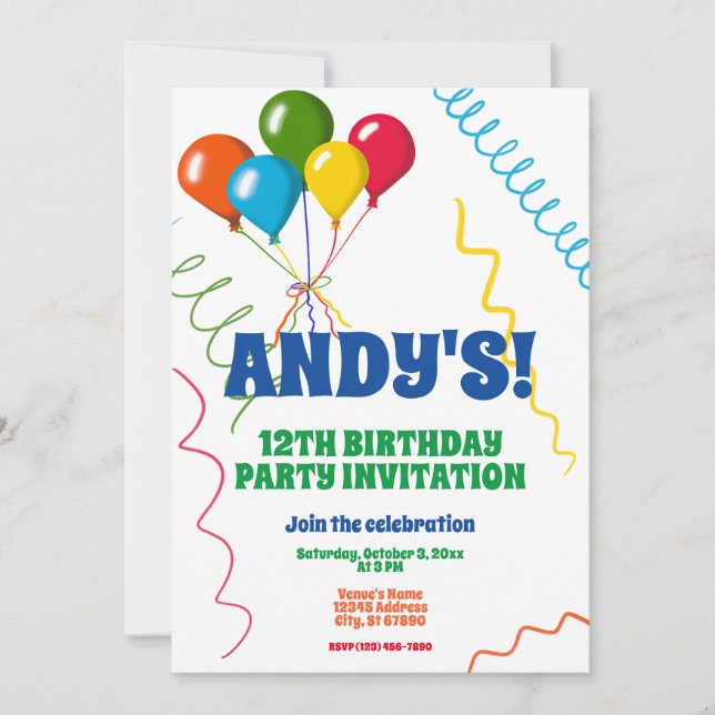 Colourful Balloons Happy 12th Birthday Party Invitation (Front)
