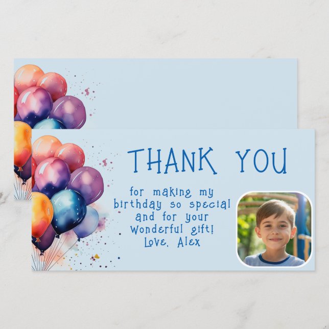 Colourful Balloons Kids Birthday Photo  Thank You Card (Front/Back)