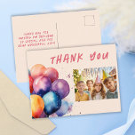 Colourful Balloons Kids Birthday Photo Thank you Postcard<br><div class="desc">Colourful Balloons Kids Birthday Photo Thank You Postcard. Thank you birthday postcard for the children`s birthday party. This design comes with beautiful balloons in different colours in watercolor look. Personalise the postcard with your child`s name,  thank you message and photo.</div>