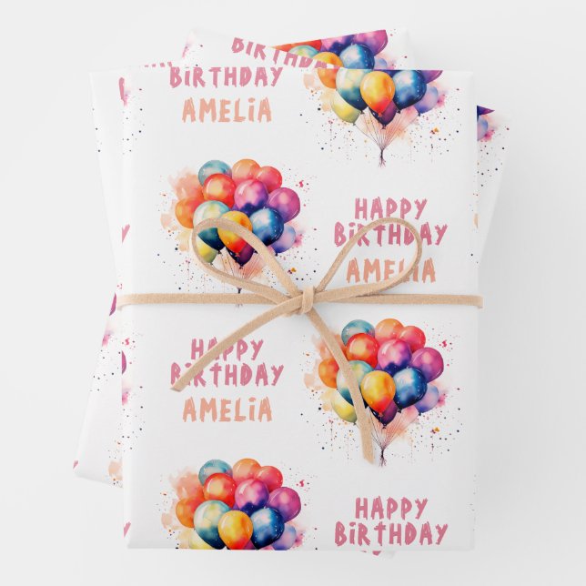Colourful Balloons Kids Happy Birthday Gift Wrapping Paper Sheet (In situ)