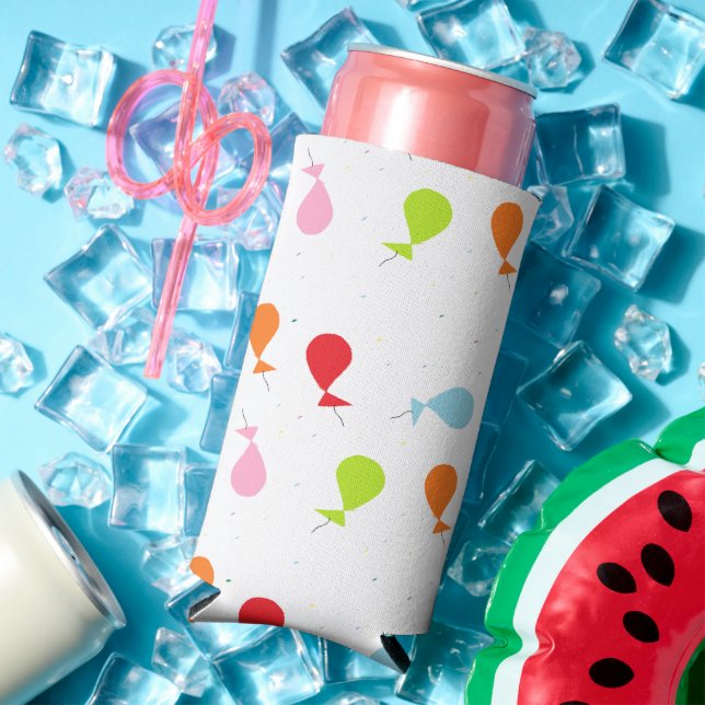 Colourful balloons on white seltzer can cooler (In Situ Summer)