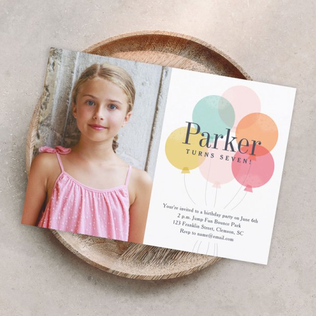 Colourful Balloons Photo Kids Birthday Party Invitation (Modern colorful balloons kids photo birthday party invitation.)