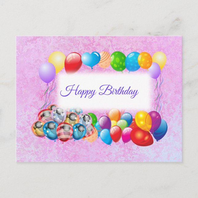 Colourful Balloons, Pink Birthday Postcard (Front)