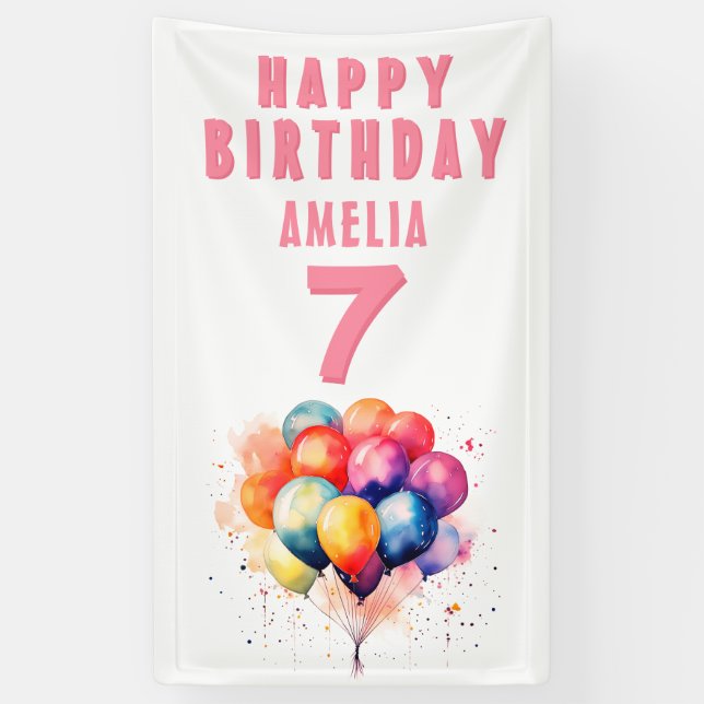 Colourful Balloons Watercolor Kids Birthday party  Banner (Vertical)
