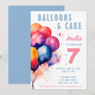Colourful Balloons Watercolor Kids Birthday party Invitation