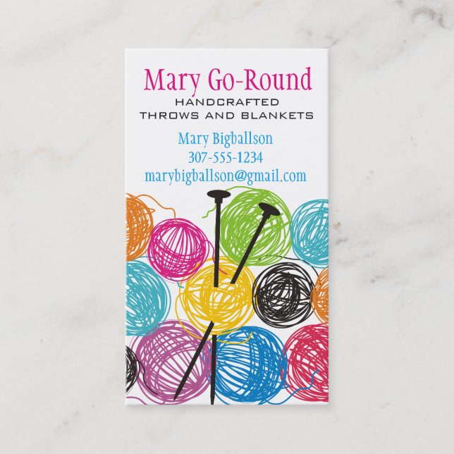 Colourful balls of yarn knitting needles knitter business card (Front)