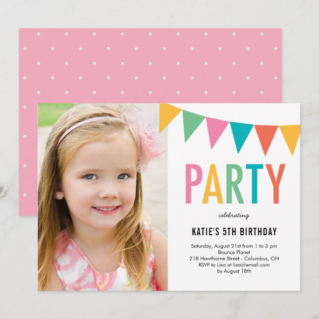 Colourful Banner Photo Birthday Invitation (Front/Back)