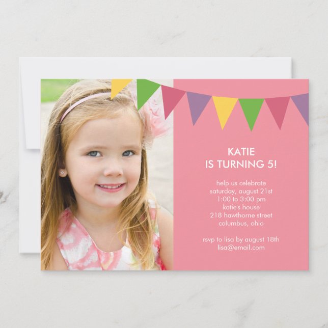 Colourful Banners Photo Birthday Invitation - Pink (Front)