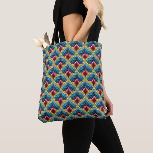 Colourful Bargello Embroidery Boho Chic Pattern Tote Bag (Close Up)