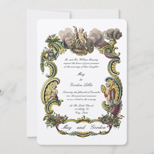 Colourful Baroque Rococo Border With Cherubs, Bird Invitation (Front)