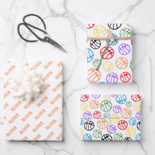 Colourful Basketball Ball Pattern Sport Name Wrapping Paper Sheet