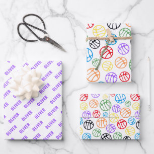 Colourful Basketball Ball Pattern Sport Name Wrapping Paper Sheet