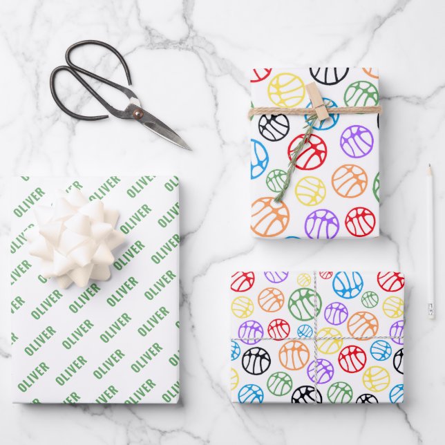 Colourful Basketball Ball Pattern Sport Name Wrapping Paper Sheet (Front)