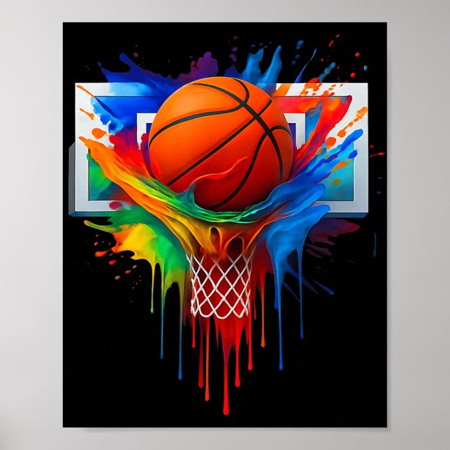 Colourful Basketball Rainbow Colour Splash Hoop Ne Poster (Front)
