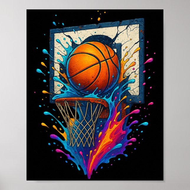 Colourful Basketball Slam Dunk Splash Hoop Backboa Poster (Front)