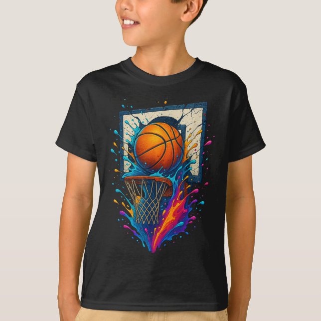Colourful Basketball Slam Dunk Splash Hoop Backboa T-Shirt (Front)